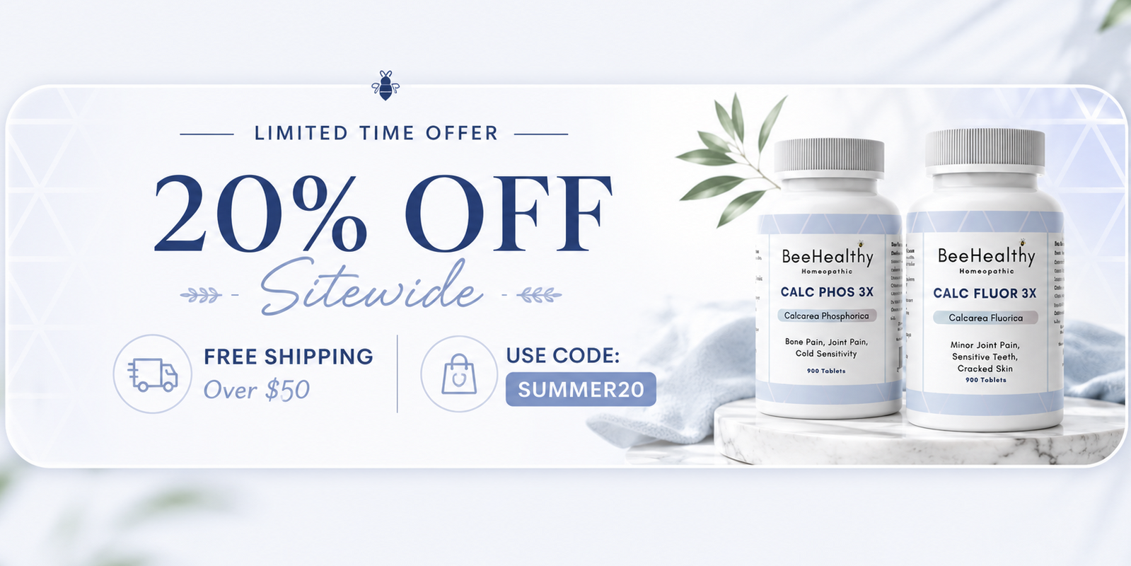 Two bottles of BeeHealthy supplements with a promotional banner offering 20% off and free shipping.